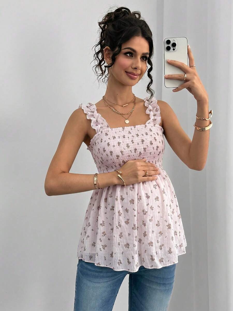 Maternity Boho Nursing Tank Top - Floral Print, Frill Trim, Wide Strap, Lilac Purple