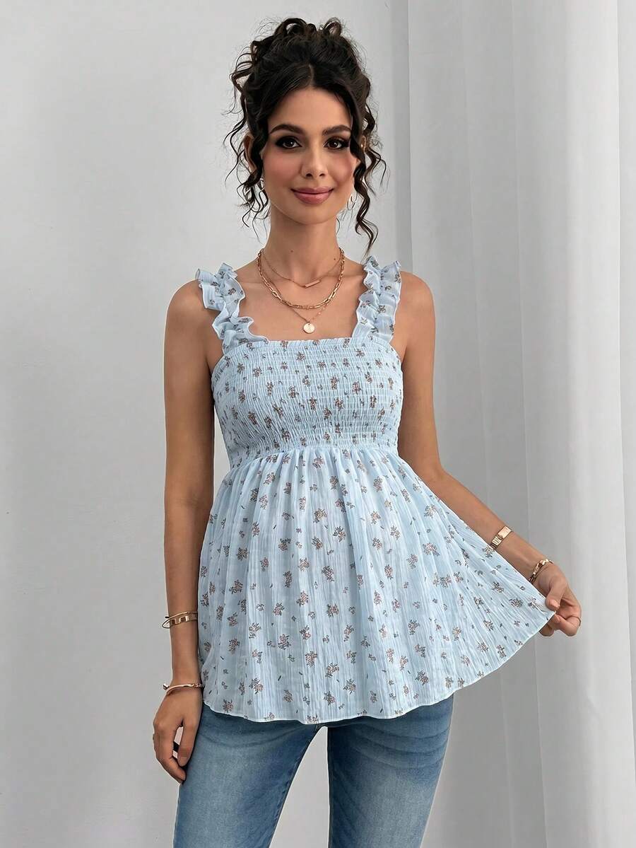 Maternity Boho A-Line Camisole - Floral Print, Wide Strap, Frill Trim, Mauve Purple