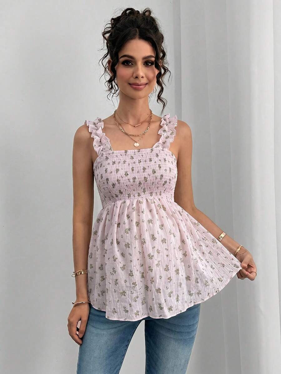 Maternity Boho A-Line Camisole - Floral Print, Wide Strap, Frill Trim, Mauve Purple