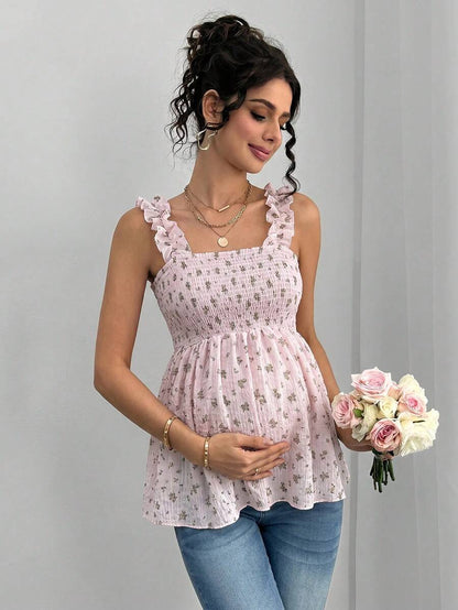Maternity Boho Nursing Tank Top - Floral Print, Frill Trim, Wide Strap, Lilac Purple