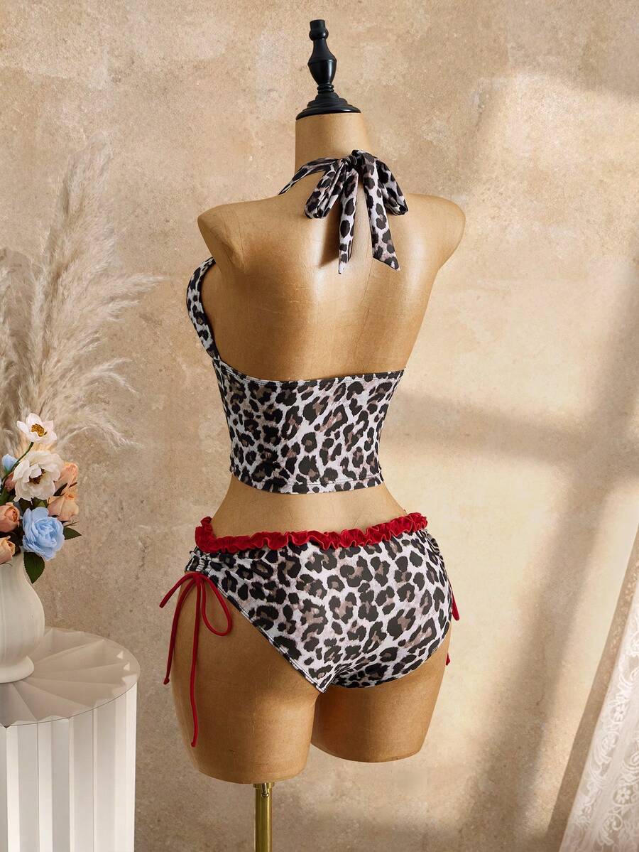 Women's 2-Piece Polka Dot Bikini Set - Ruffle Trim, Halter, Cropped Top, Black