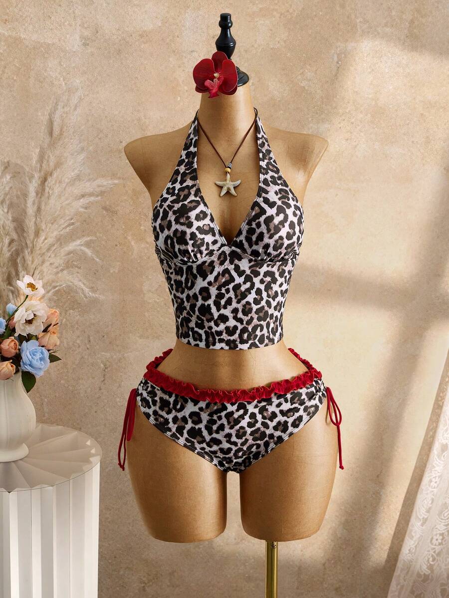 Women's 2-Piece Polka Dot Bikini Set - Ruffle Trim, Halter, Cropped Top, Black