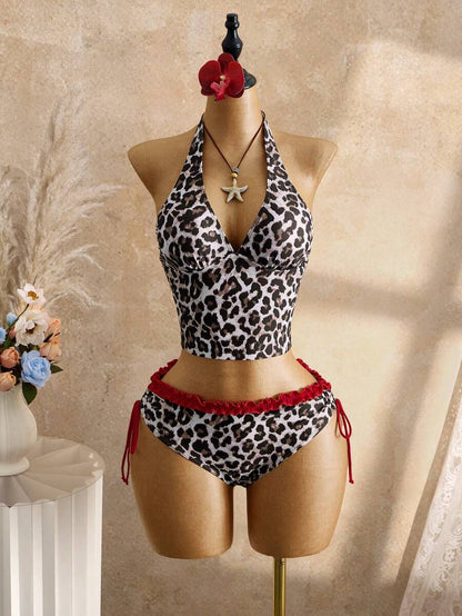 Women's 2-Piece Polka Dot Bikini Set - Ruffle Trim, Halter, Cropped Top, Black