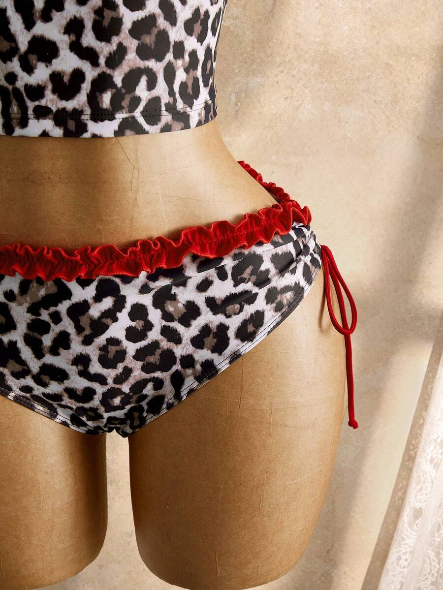 Women's 2-Piece Polka Dot Bikini Set - Ruffle Trim, Halter, Cropped Top, Black