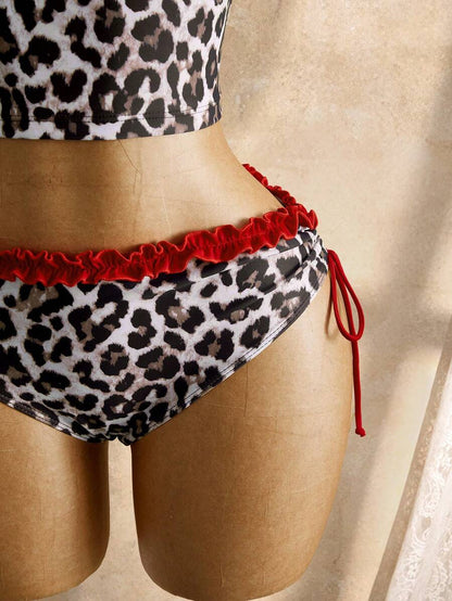 Women's 2-Piece Polka Dot Bikini Set - Ruffle Trim, Halter, Cropped Top, Black