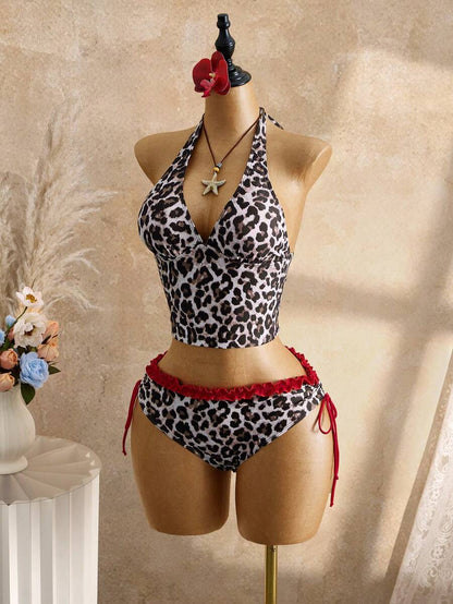 Women's 2-Piece Polka Dot Bikini Set - Ruffle Trim, Halter, Cropped Top, Black