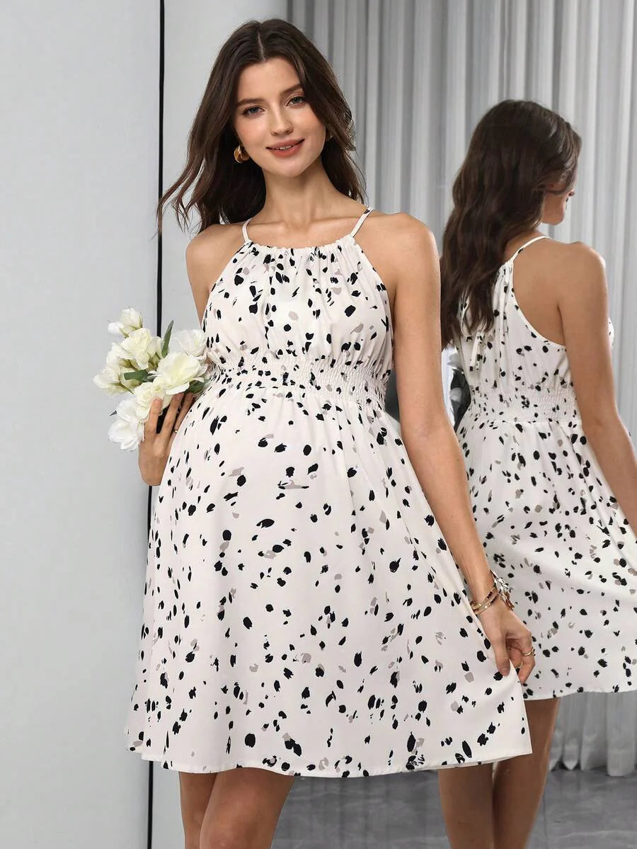 Maternity Women's Cinched Waist Ditsy Floral Sleeveless Spaghetti Strap Holiday Dress
