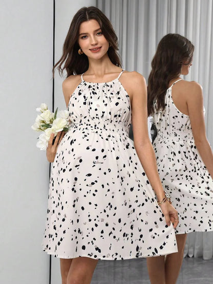 Maternity Women's Cinched Waist Ditsy Floral Sleeveless Spaghetti Strap Holiday Dress