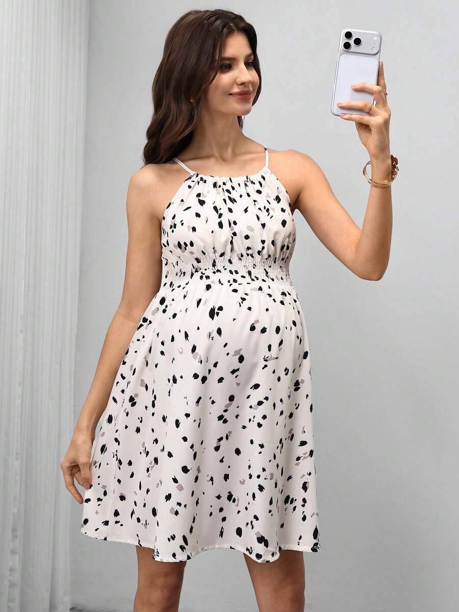 Maternity Women's Cinched Waist Ditsy Floral Sleeveless Spaghetti Strap Holiday Dress