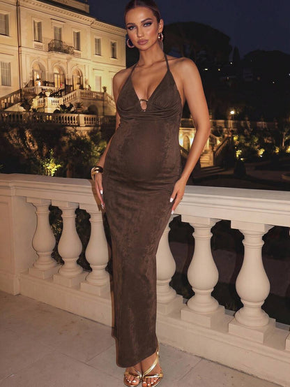 Elegant Brown Maternity Dress,Summer Pregnant Clothes Comfortable Highly Elastic Solid Color Spaghetti Strap Backless Sleeveless Midi Dress Fashion
