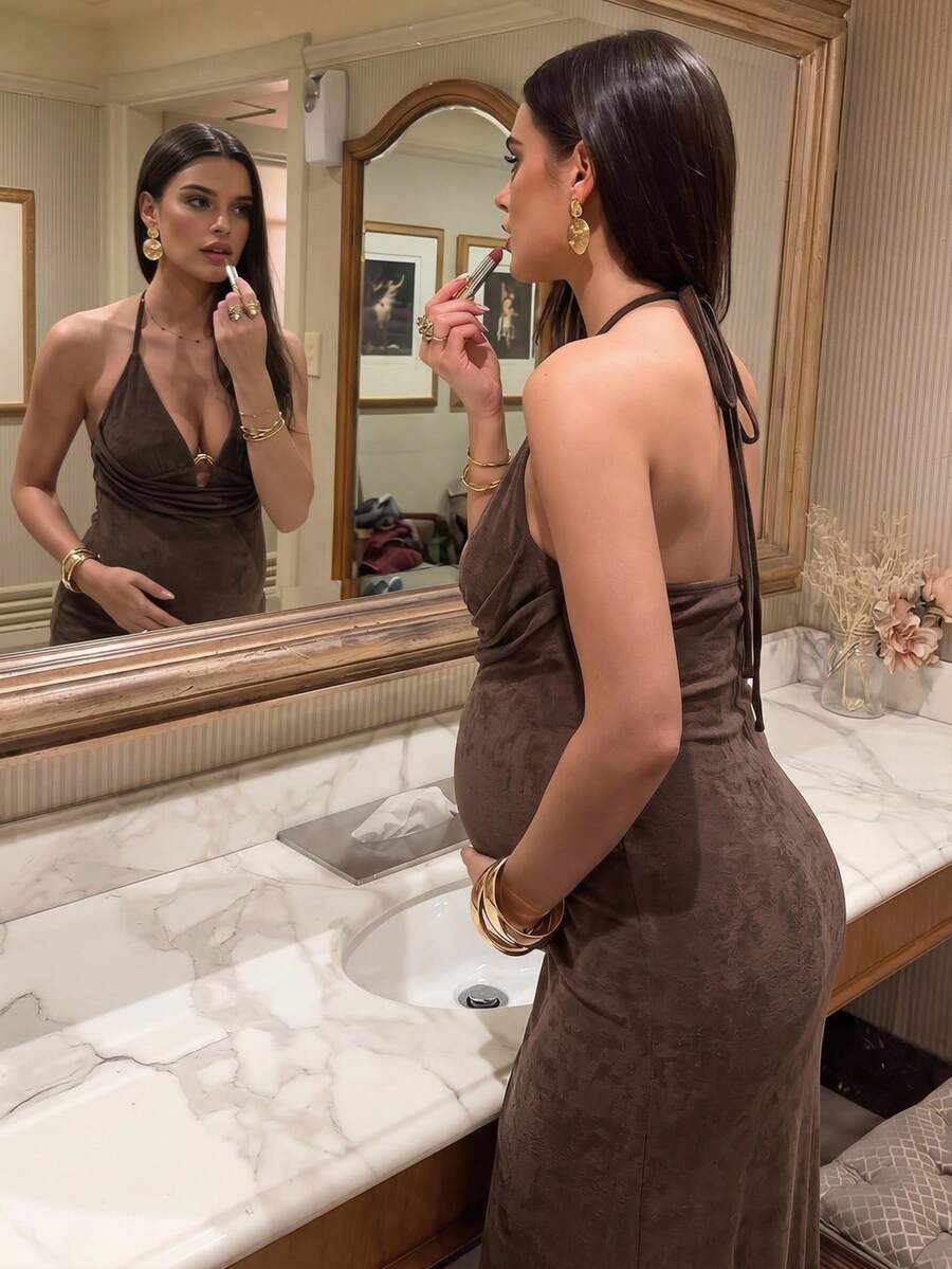 Elegant Brown Maternity Dress,Summer Pregnant Clothes Comfortable Highly Elastic Solid Color Spaghetti Strap Backless Sleeveless Midi Dress Fashion