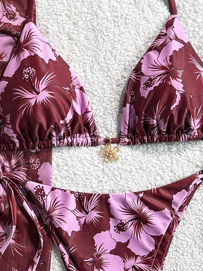 Women's 3-Piece Halter Bikini Set - Beach Dress, Tie-Up, Skirt Bottom, Blue