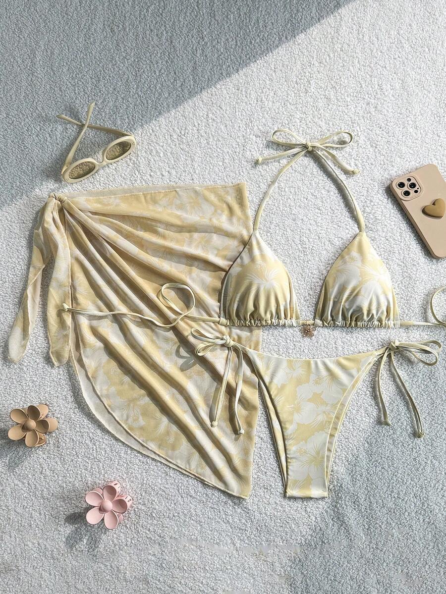 Women's 3-Piece Halter Bikini Set - Beach Dress, Tie-Up, Skirt Bottom, Blue