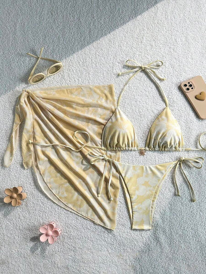Women's 3-Piece Halter Bikini Set - Beach Dress, Tie-Up, Skirt Bottom, Blue