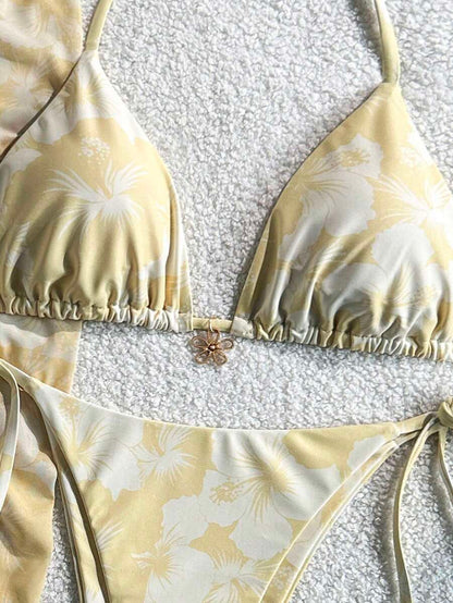 Women's 3-Piece Halter Bikini Set - Beach Dress, Tie-Up, Skirt Bottom, Blue