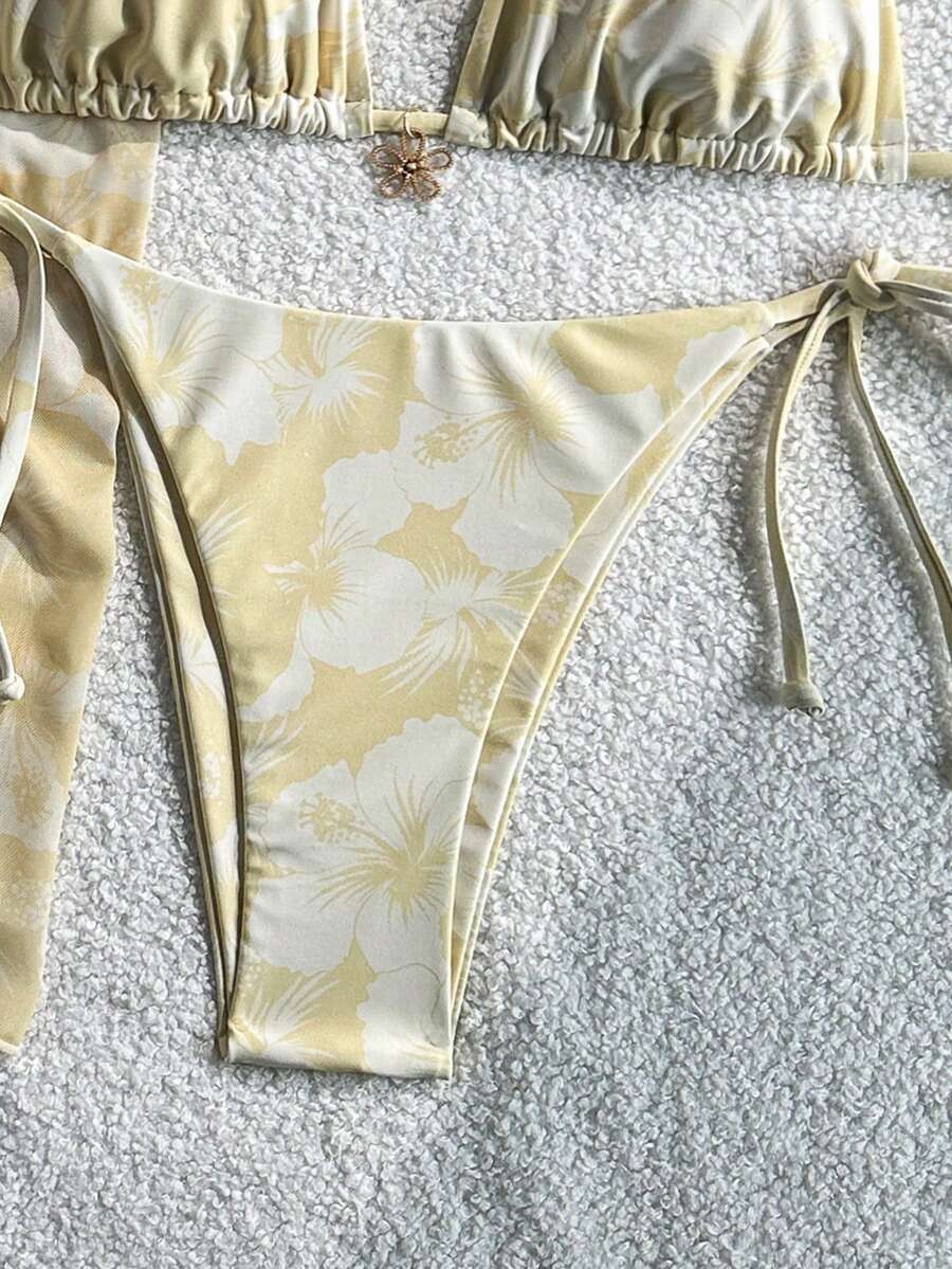 Women's 3-Piece Halter Bikini Set - Beach Dress, Tie-Up, Skirt Bottom, Blue