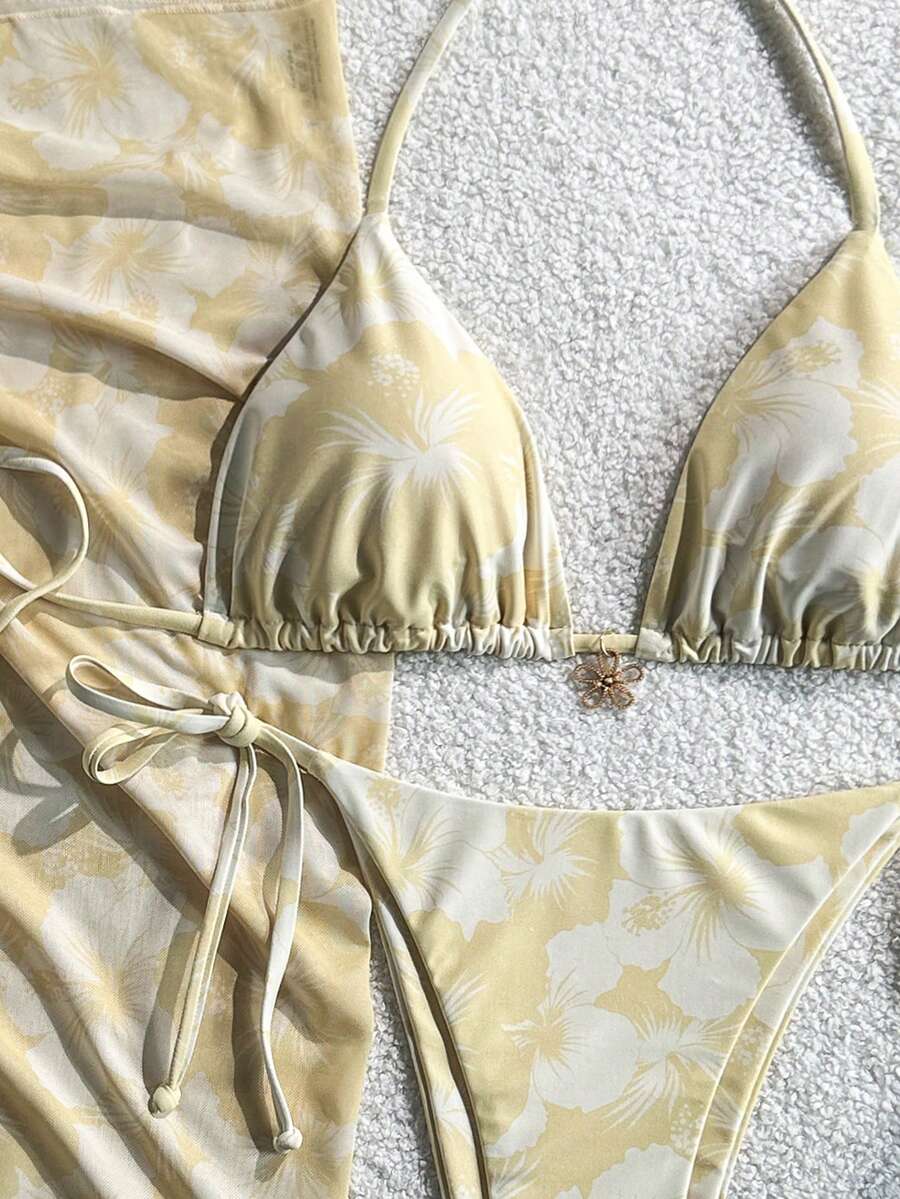 Women's 3-Piece Halter Bikini Set - Beach Dress, Tie-Up, Skirt Bottom, Blue
