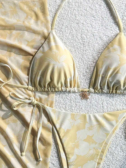 Women's 3-Piece Halter Bikini Set - Beach Dress, Tie-Up, Skirt Bottom, Blue