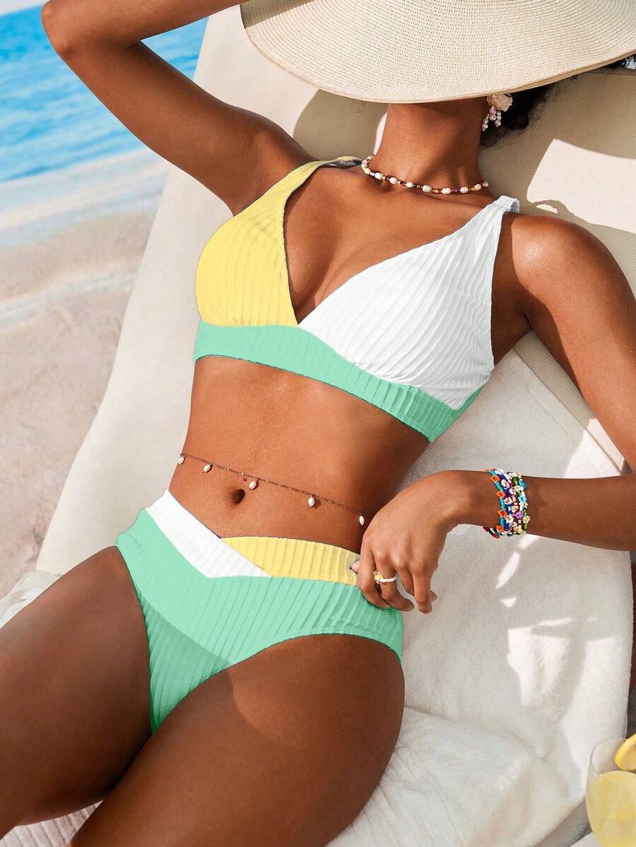 Women's V-Neck Textured Tankini Set - Ruched, Spaghetti Strap, High Waist, Multicolor