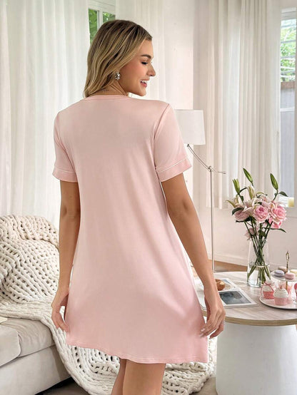 Mama Maternity Solid Color V-Neck Short Sleeve Pocket Single-Breasted Casual Dress Maternity Sleepwear