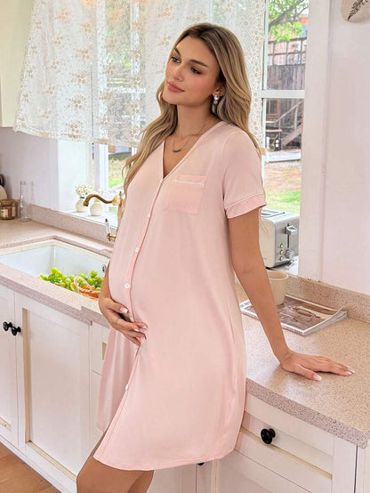 Striped Long Casual Maternity Loungewear With Front Pocket And Regular Short Sleeves