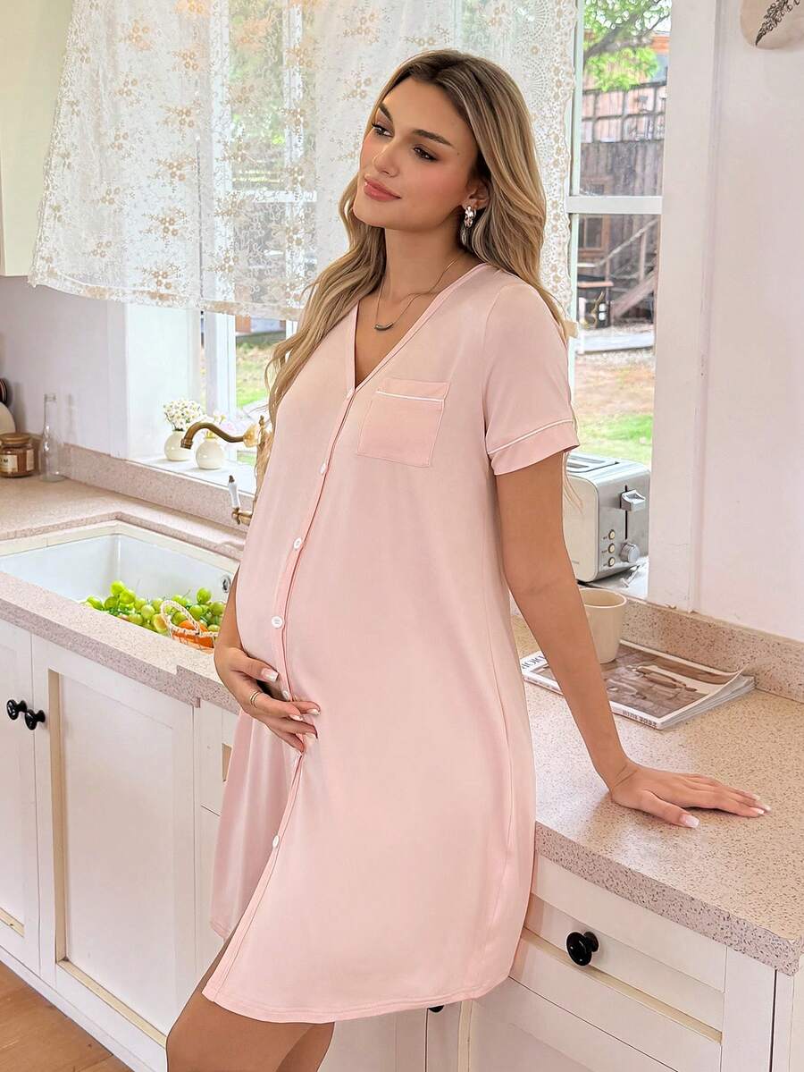 Mama Maternity Solid Color V-Neck Short Sleeve Pocket Single-Breasted Casual Dress Maternity Sleepwear