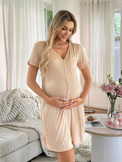 Striped Long Casual Maternity Loungewear With Front Pocket And Regular Short Sleeves