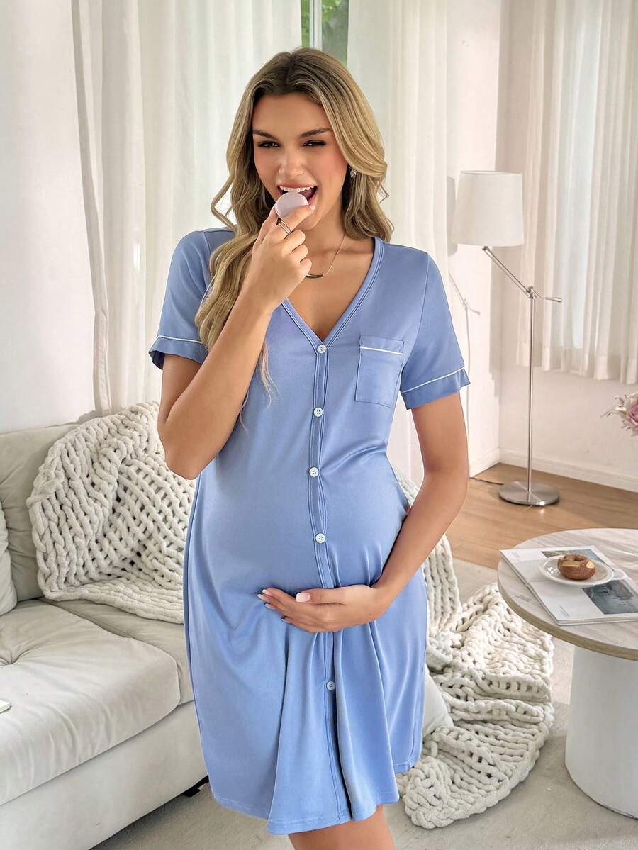 Striped Long Casual Maternity Loungewear With Front Pocket And Regular Short Sleeves