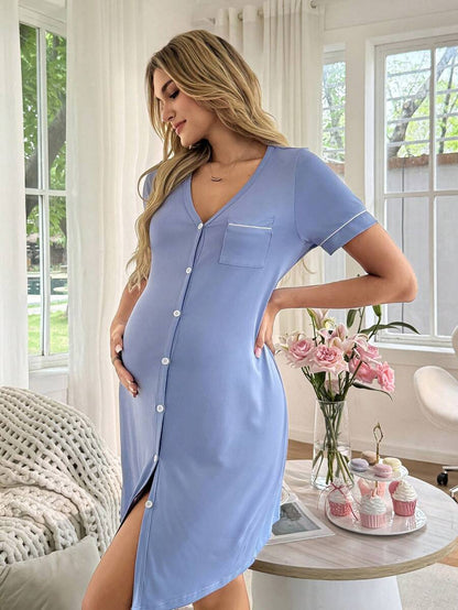 Mama Maternity Solid Color V-Neck Short Sleeve Pocket Single-Breasted Casual Dress Maternity Sleepwear