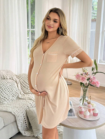 Striped Long Casual Maternity Loungewear With Front Pocket And Regular Short Sleeves