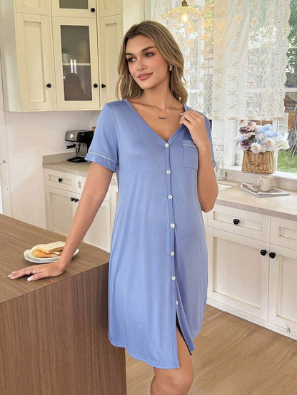 Mama Maternity Solid Color V-Neck Short Sleeve Pocket Single-Breasted Casual Dress Maternity Sleepwear