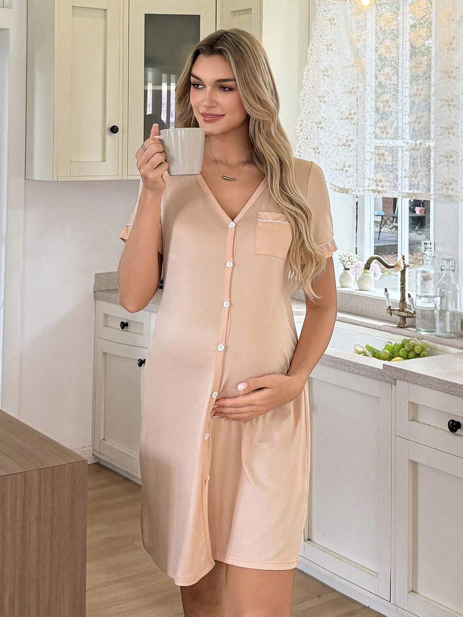 Striped Long Casual Maternity Loungewear With Front Pocket And Regular Short Sleeves