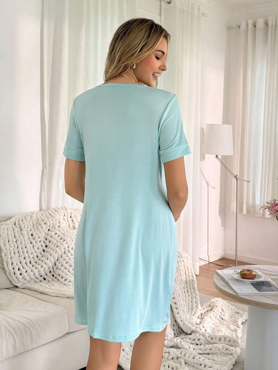 Striped Long Casual Maternity Loungewear With Front Pocket And Regular Short Sleeves