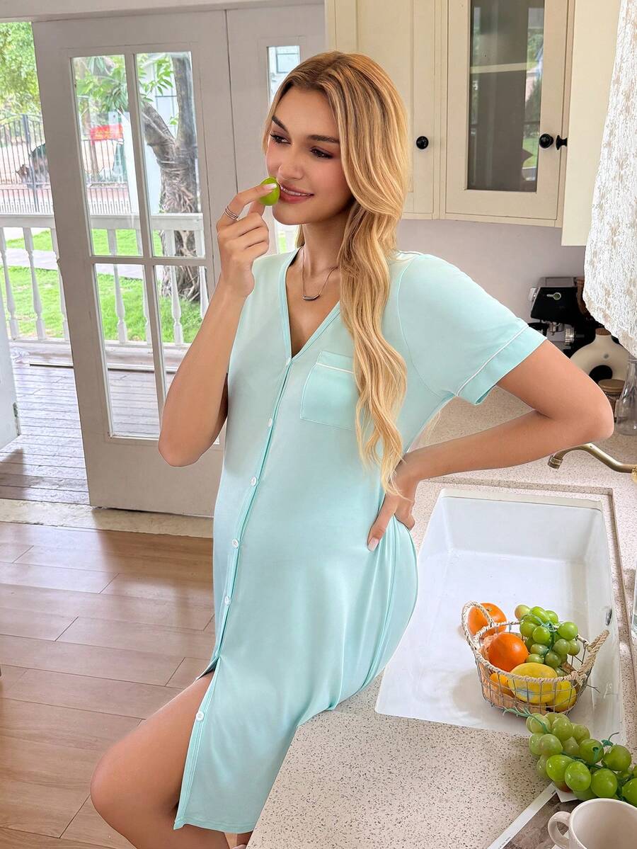 Striped Long Casual Maternity Loungewear With Front Pocket And Regular Short Sleeves