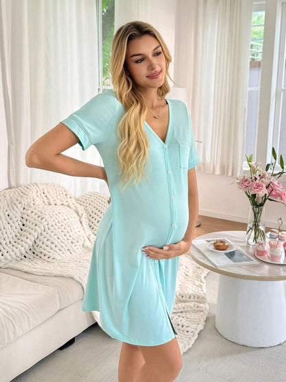 Striped Long Casual Maternity Loungewear With Front Pocket And Regular Short Sleeves