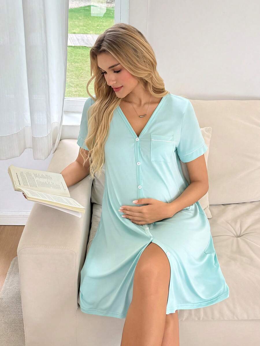 Striped Long Casual Maternity Loungewear With Front Pocket And Regular Short Sleeves