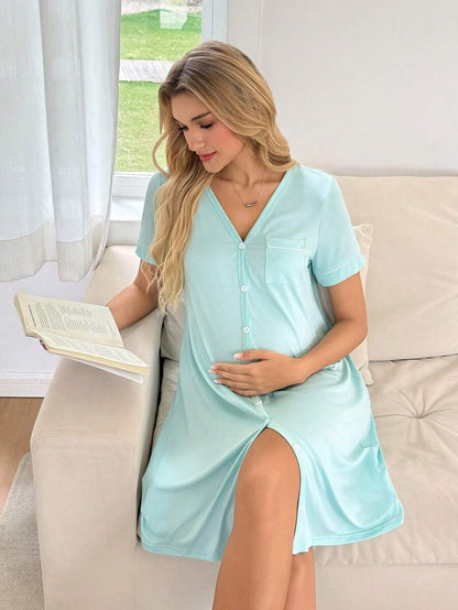 Striped Long Casual Maternity Loungewear With Front Pocket And Regular Short Sleeves