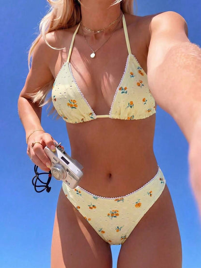 Swim Vcay Women's Tropical Floral Halter Neck Backless Sexy Bikini Set For Beach Vacation For Summer Rave Lollapalooza