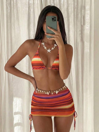 Women's 3-Piece Leopard Print Bikini Set - Halter Triangle Cup, Mesh Skirt, Tie Side, Multicolor