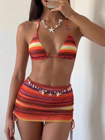 Women's 3-Piece Leopard Print Bikini Set - Halter Triangle Cup, Mesh Skirt, Tie Side, Multicolor