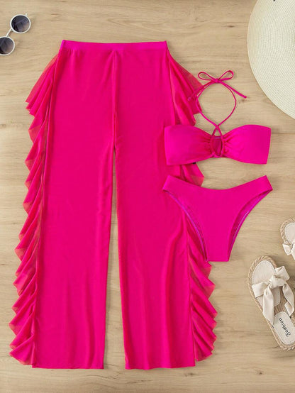 Swim Vcay 3pcs Set New Navy Blue Spring/Summer Halter Backless Crop Top, Trousers And Ruffle Hem Mesh Beach Pants Casual Vacation Bikini Swimwear For Women