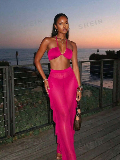 Swim Vcay 3pcs Set New Navy Blue Spring/Summer Halter Backless Crop Top, Trousers And Ruffle Hem Mesh Beach Pants Casual Vacation Bikini Swimwear For Women