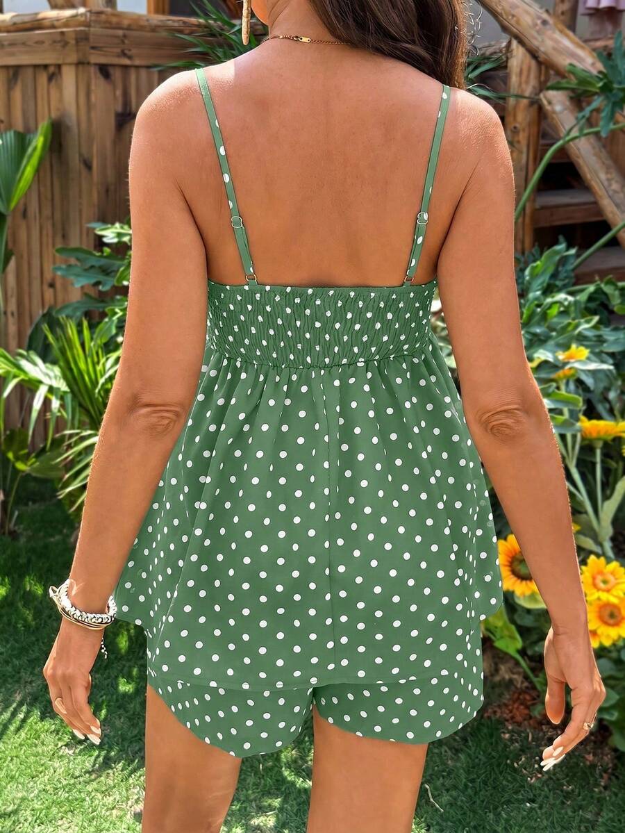 Maternity Polka Dot Print Camisole And Adjustable Waist Shorts Casual 2 Pieces Set