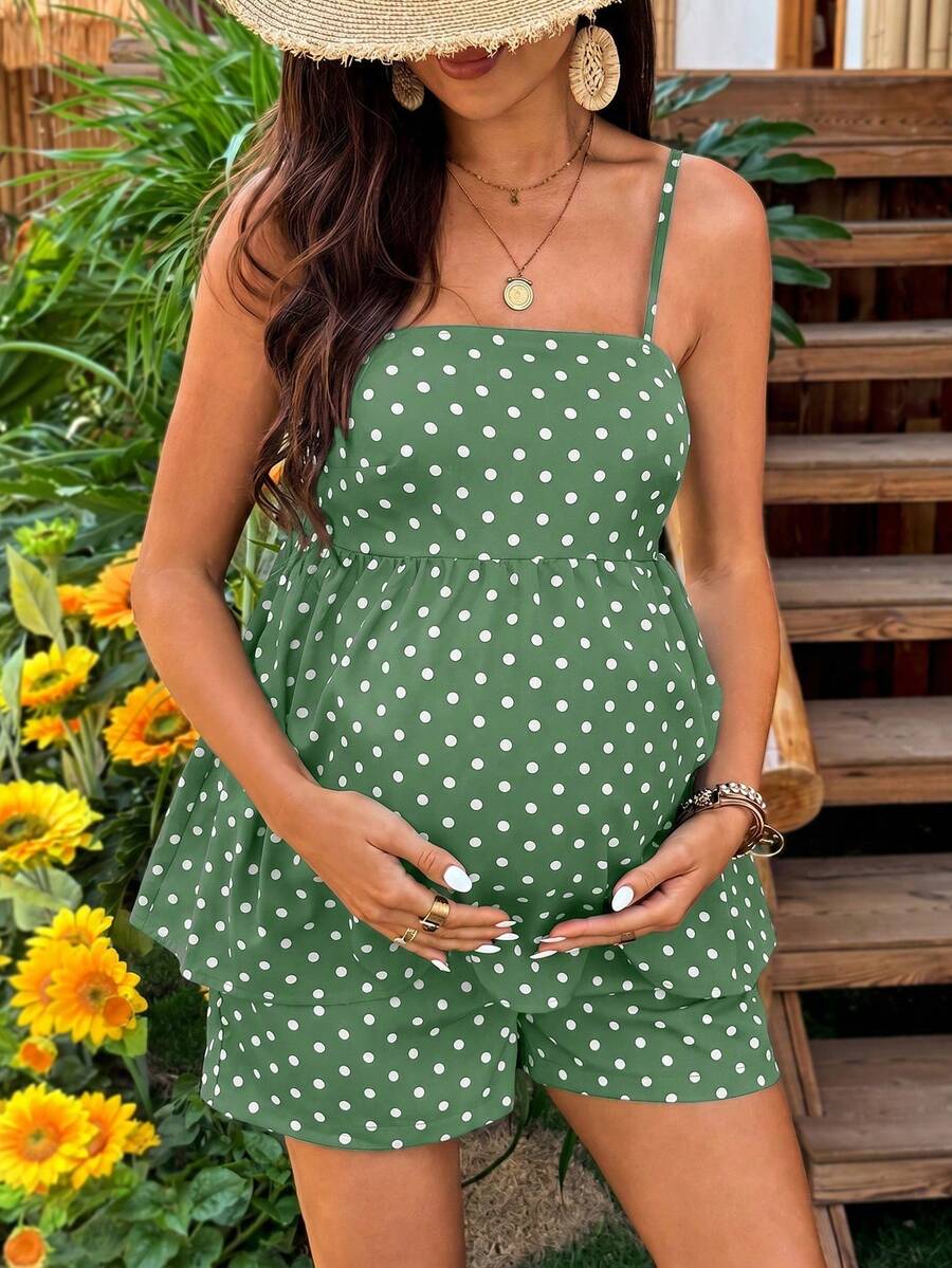 Maternity Polka Dot Print Camisole And Adjustable Waist Shorts Casual 2 Pieces Set
