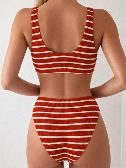 Women's 2-Piece Striped Bikini Set - V-Neck, High Waist, Knot Detail, Multicolor