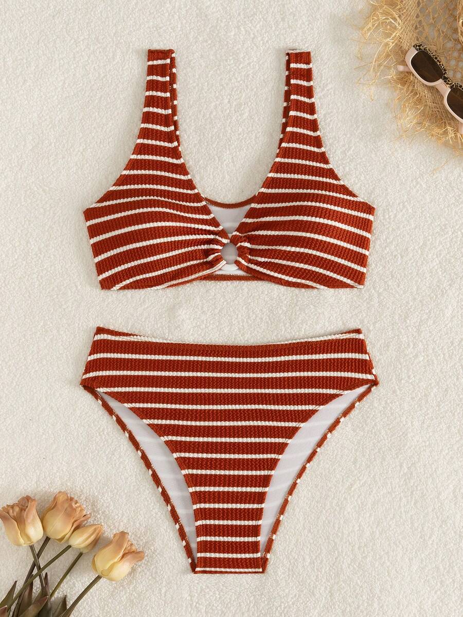 Women's 2-Piece Striped Bikini Set - V-Neck, High Waist, Knot Detail, Multicolor