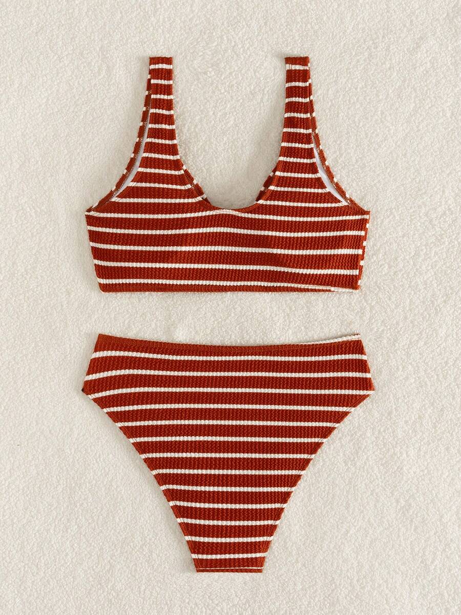 Swim Vcay Women's Summer Beach Striped Fashionable Bikini And Triangle Panty Swimwear Set, Women Vacation Outfit Sets, Beach Outfits For Woman 2 Piece