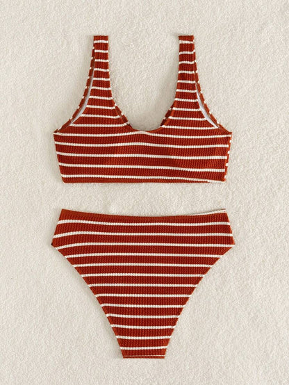 Women's 2-Piece Striped Bikini Set - V-Neck, High Waist, Knot Detail, Multicolor