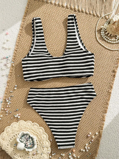 Swim Vcay Women's Summer Beach Striped Fashionable Bikini And Triangle Panty Swimwear Set, Women Vacation Outfit Sets, Beach Outfits For Woman 2 Piece