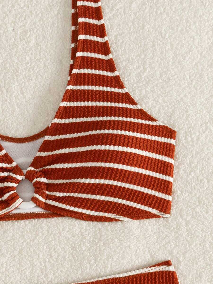 Women's 2-Piece Striped Bikini Set - V-Neck, High Waist, Knot Detail, Multicolor
